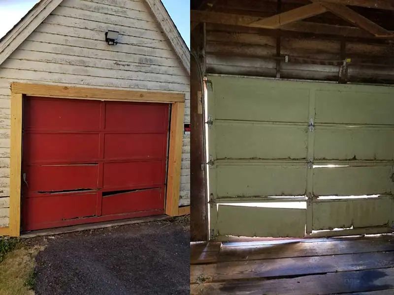 Before: Broken shop doors replaced with one panel door