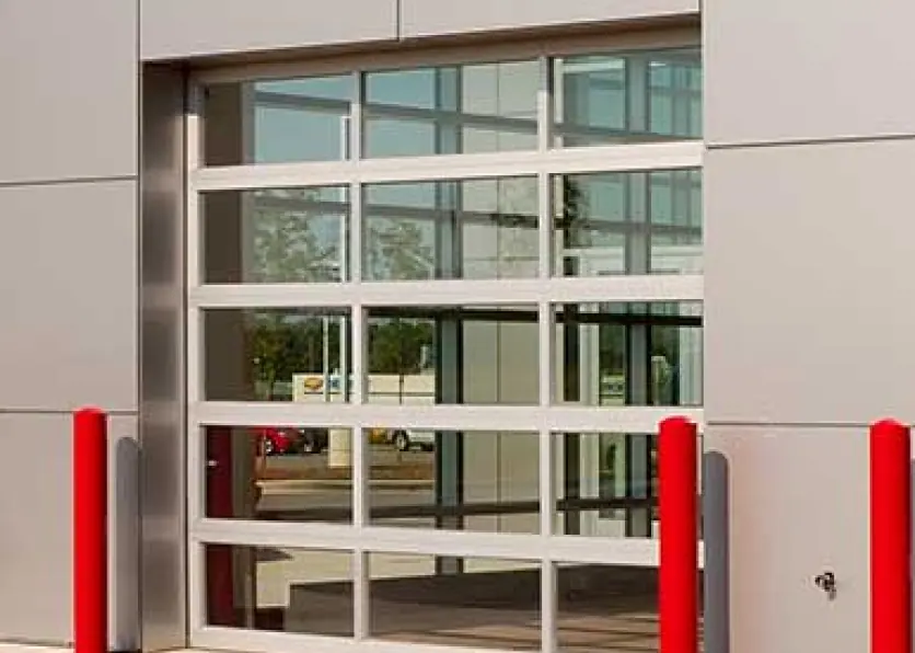 A full-view aluminum and glass overhead door