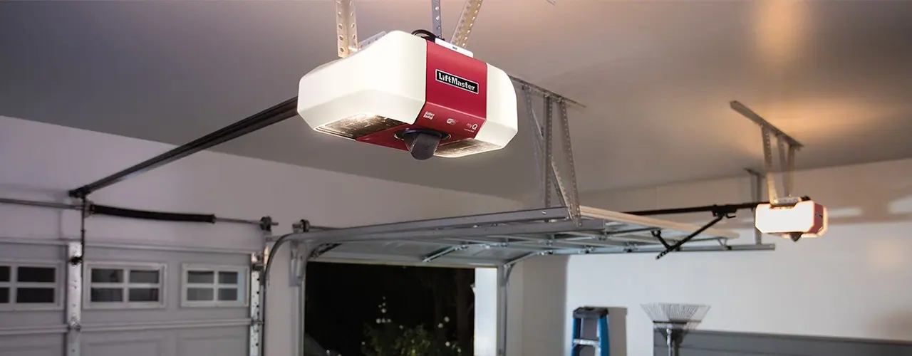 A LiftMaster opener mounted above an open garage door